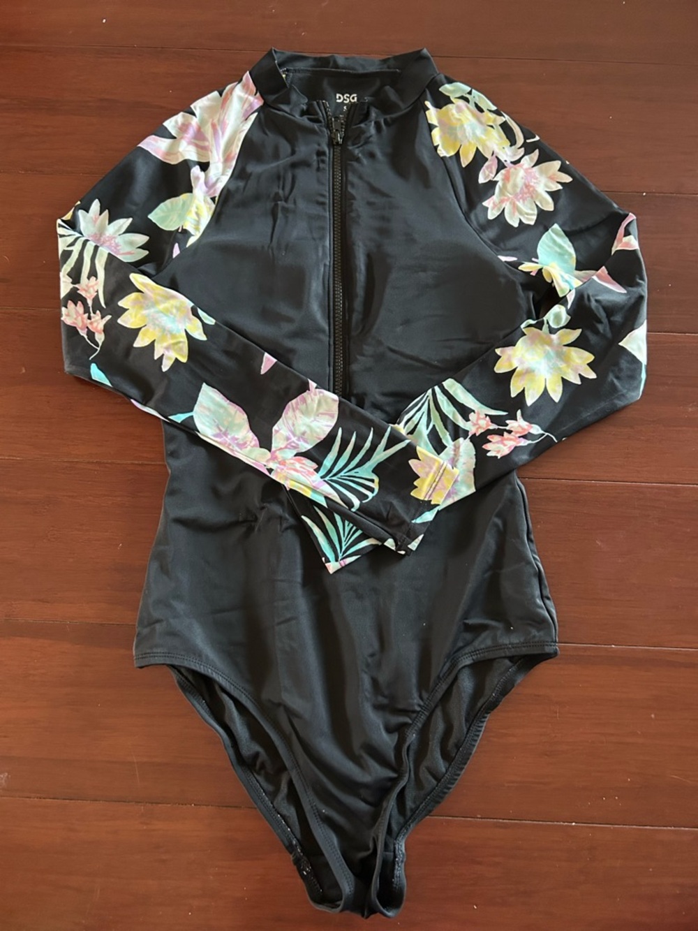 DSG Black Rash Guard Swimsuit with Pastel Floral Sleeves